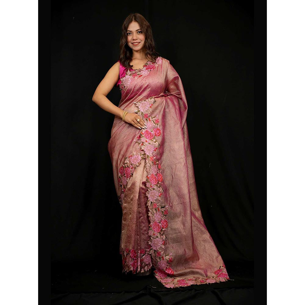 Isadora Life Peach Embroidered Pre-Draped Saree with Unstitched Blouse