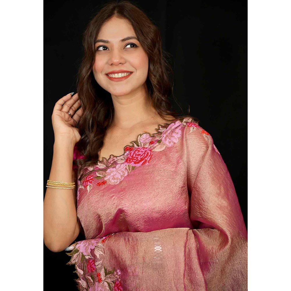 Isadora Life Peach Embroidered Pre-Draped Saree with Unstitched Blouse