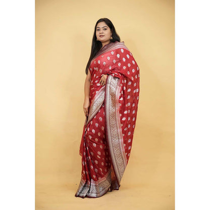 Isadora Life Red Woven Pre-Draped Saree with Unstitched Blouse