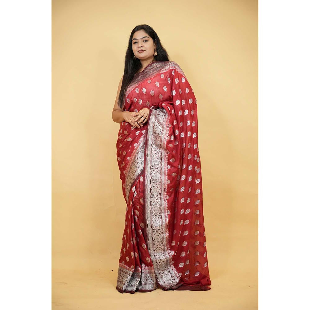 Isadora Life Red Woven Pre-Draped Saree with Unstitched Blouse