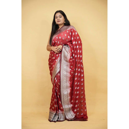 Isadora Life Red Woven Pre-Draped Saree with Unstitched Blouse
