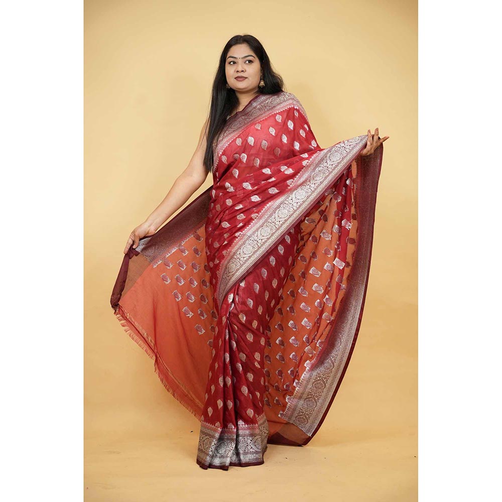 Isadora Life Red Woven Pre-Draped Saree with Unstitched Blouse