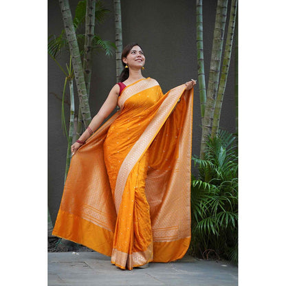 Isadora Life Yellow Woven Pre-Draped Saree with Unstitched Blouse