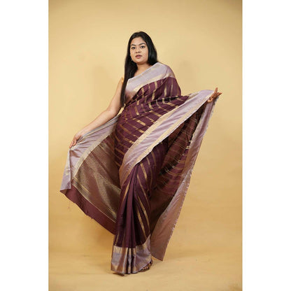 Isadora Life Brown Woven Pre-Draped Saree with Unstitched Blouse