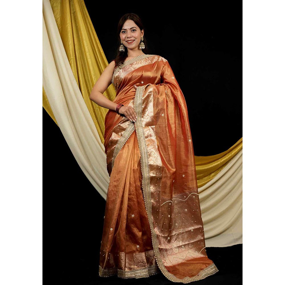 Isadora Life Orange Embroidered Pre-Draped Saree with Unstitched Blouse