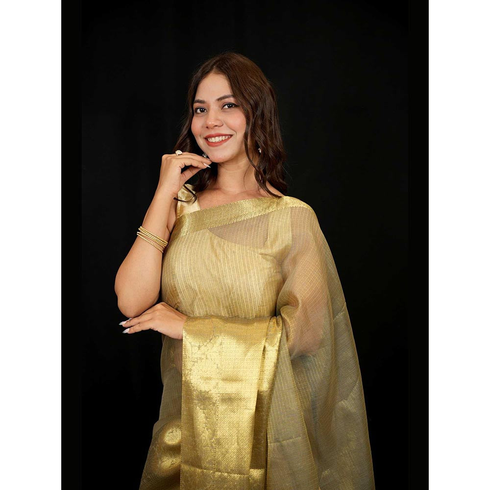 Isadora Life Gold Woven Pre-Draped Saree with Unstitched Blouse