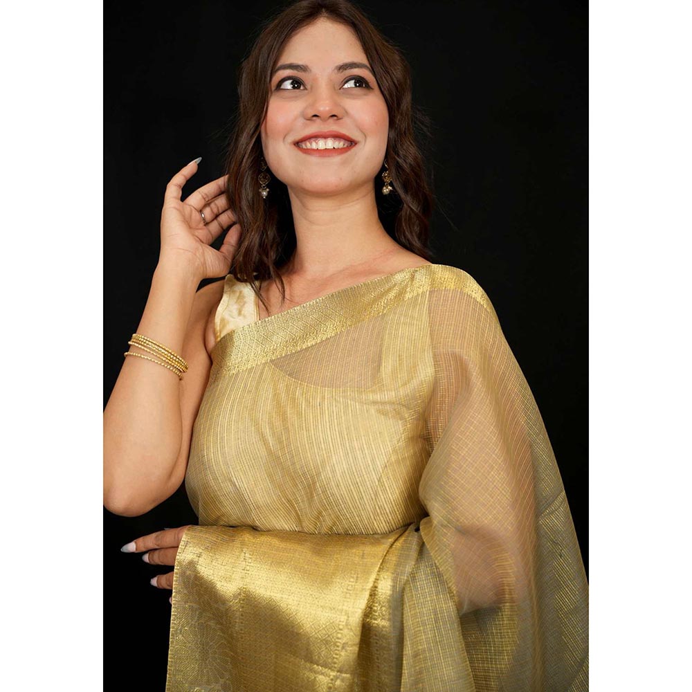 Isadora Life Gold Woven Pre-Draped Saree with Unstitched Blouse