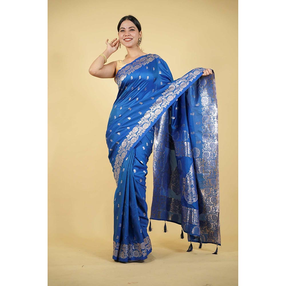 Isadora Life Blue Woven Pre-Draped Saree with Unstitched Blouse