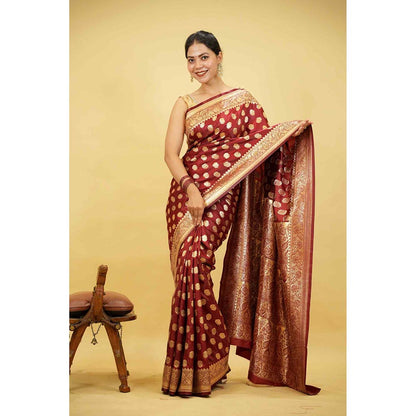 Isadora Life Maroon Floral Pre-Draped Saree with Unstitched Blouse