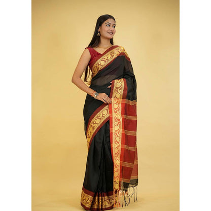Isadora Life Black Woven Pre-Draped Saree with Unstitched Blouse