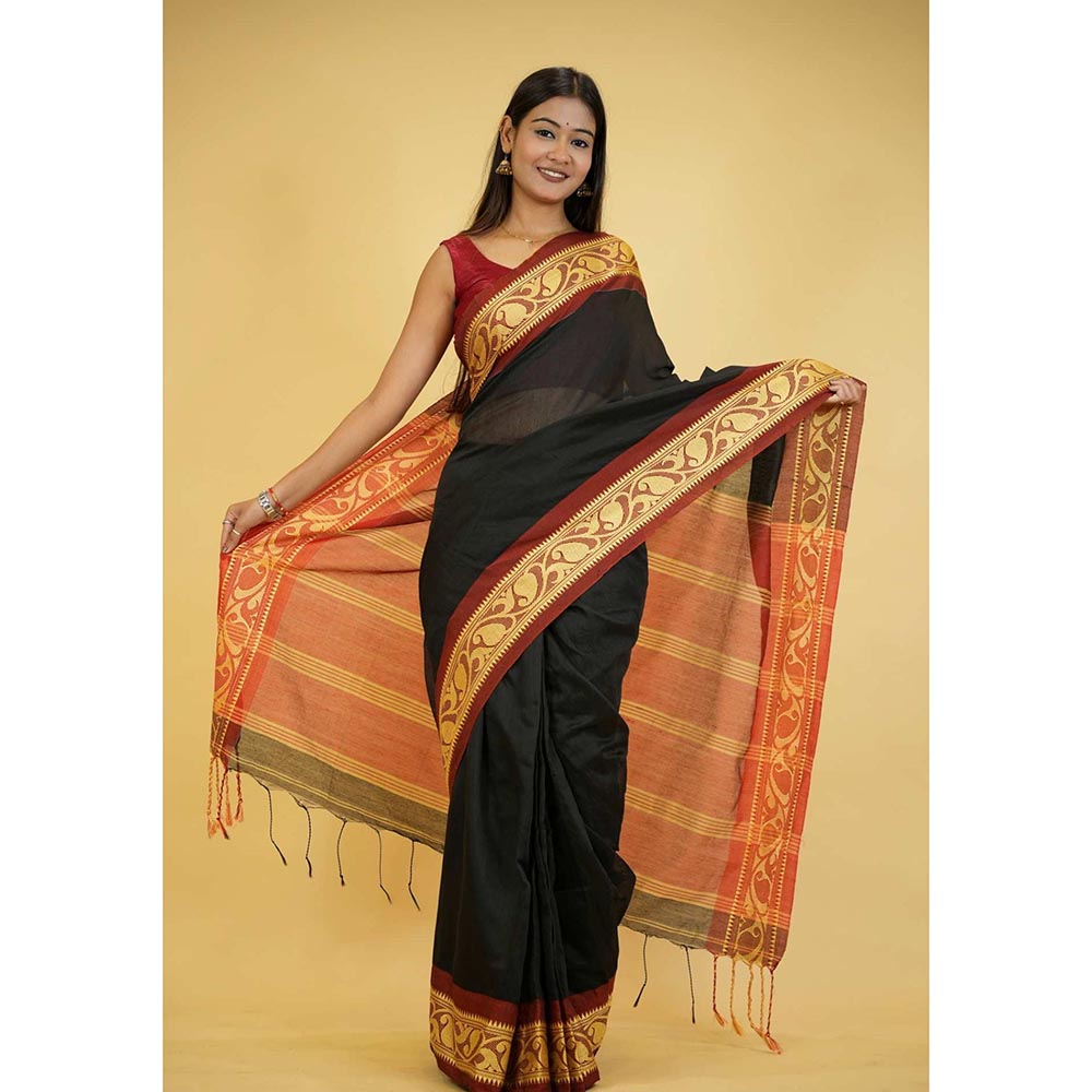Isadora Life Black Woven Pre-Draped Saree with Unstitched Blouse