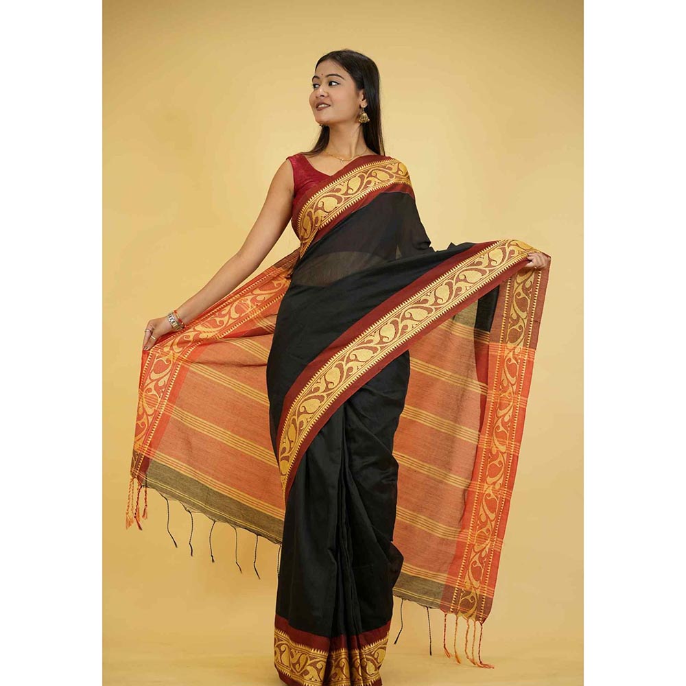 Isadora Life Black Woven Pre-Draped Saree with Unstitched Blouse