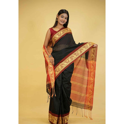 Isadora Life Black Woven Pre-Draped Saree with Unstitched Blouse