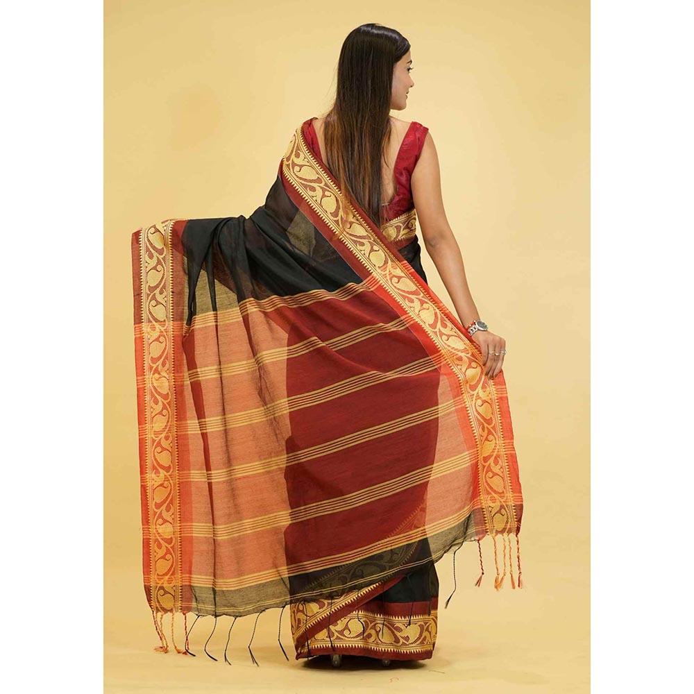 Isadora Life Black Woven Pre-Draped Saree with Unstitched Blouse