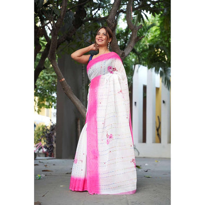 Isadora Life White Floral Pre-Draped Saree with Unstitched Blouse