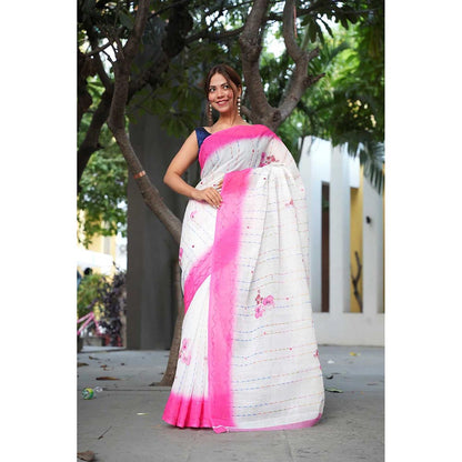 Isadora Life White Floral Pre-Draped Saree with Unstitched Blouse
