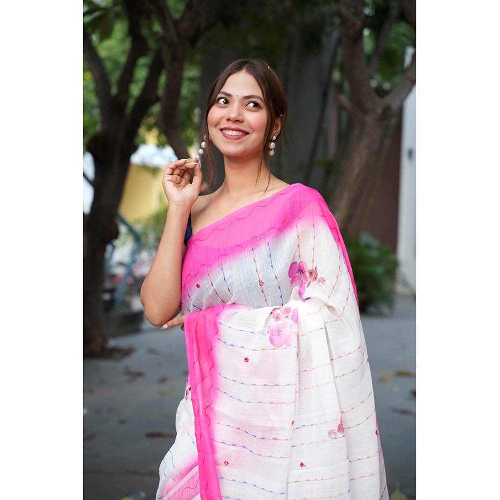 Isadora Life White Floral Pre-Draped Saree with Unstitched Blouse