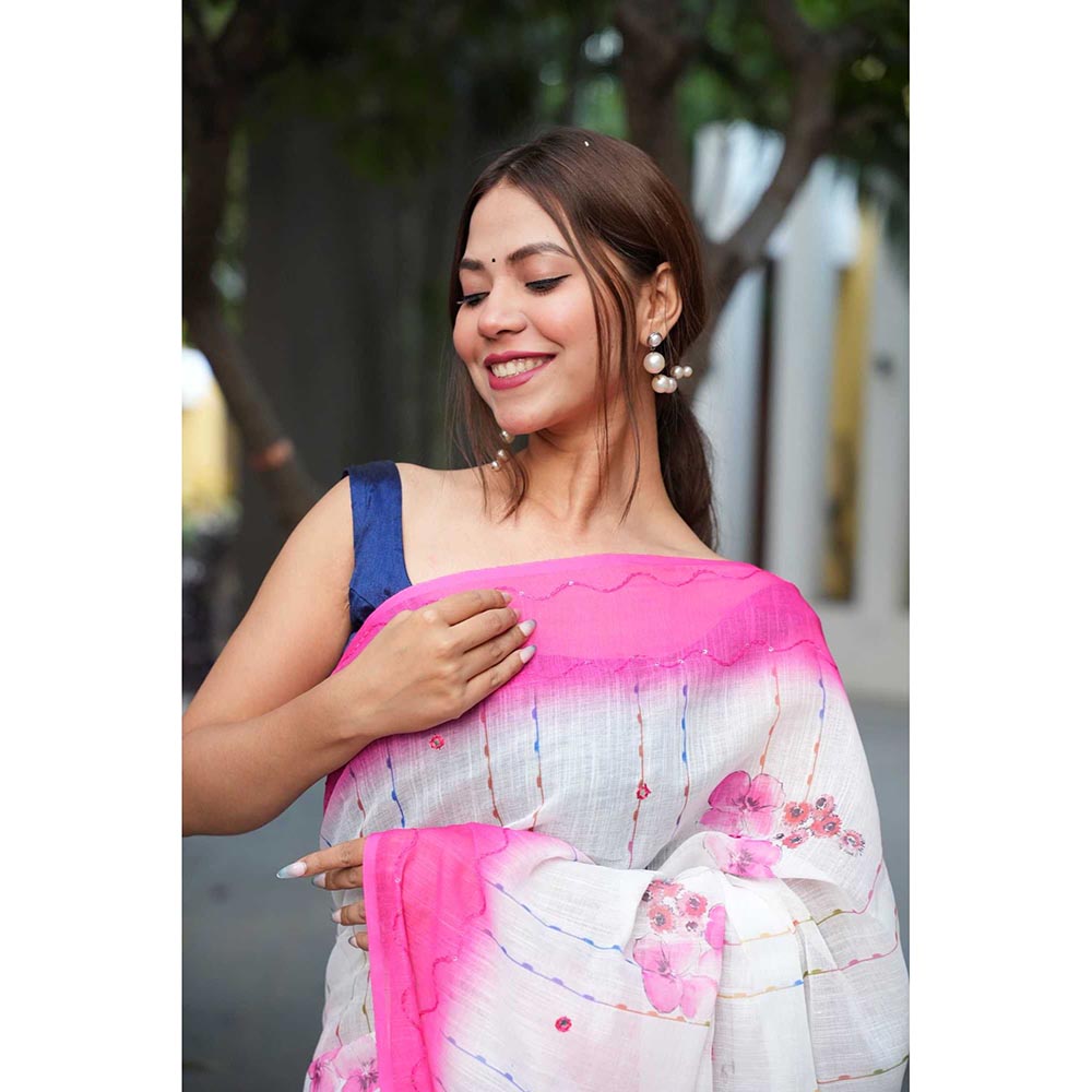 Isadora Life White Floral Pre-Draped Saree with Unstitched Blouse