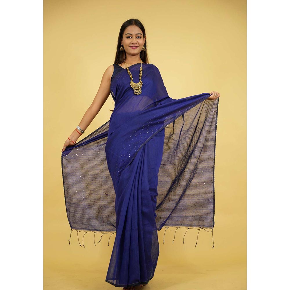 Isadora Life Blue Embellished/Sequined Pre-Draped Saree with Unstitched Blouse
