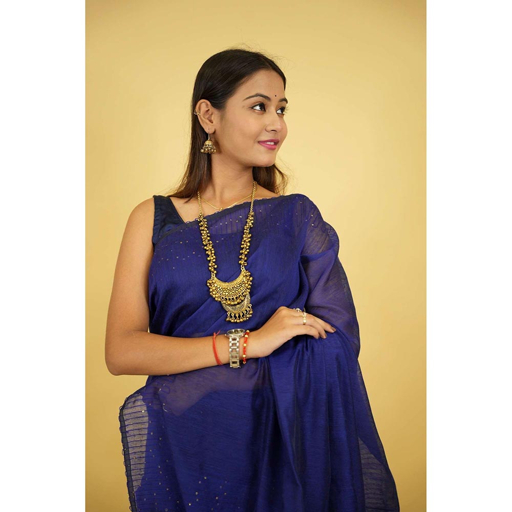 Isadora Life Blue Embellished/Sequined Pre-Draped Saree with Unstitched Blouse