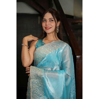 Isadora Life Blue Embroidered Pre-Draped Saree with Unstitched Blouse