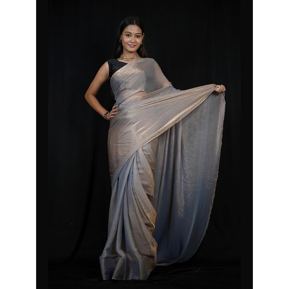 Isadora Life Grey Solid Pre-Draped Saree with Unstitched Blouse