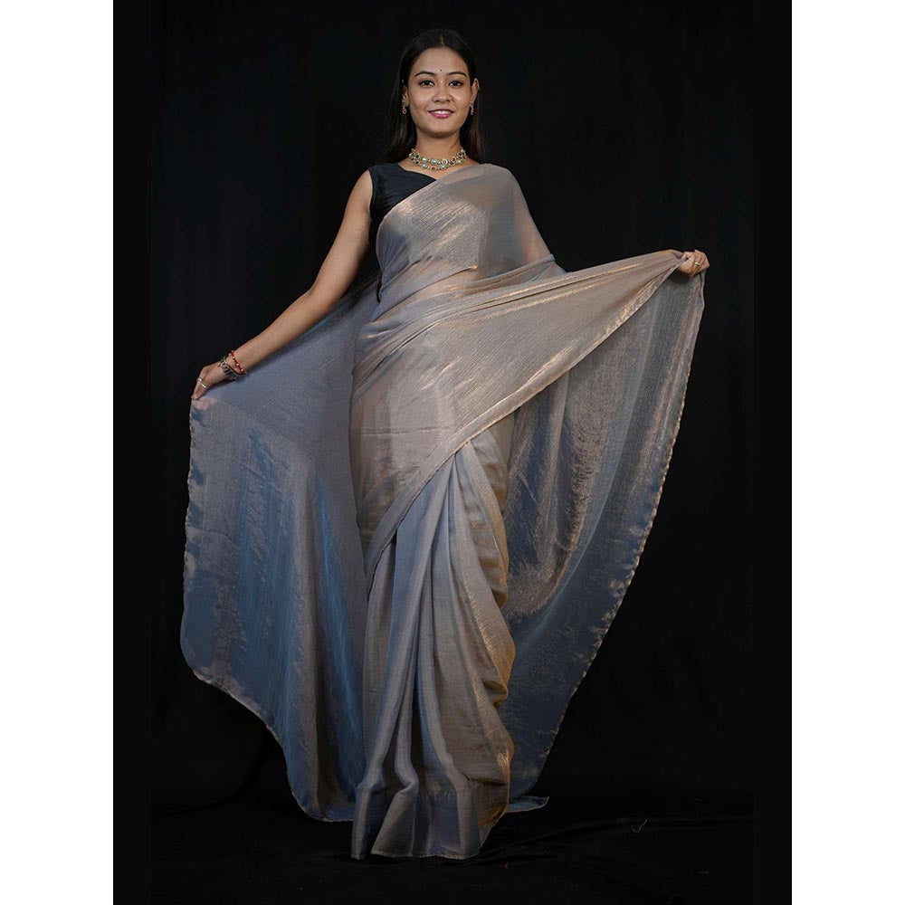 Isadora Life Grey Solid Pre-Draped Saree with Unstitched Blouse