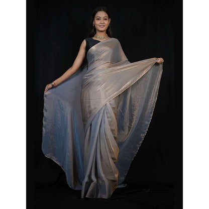 Isadora Life Grey Solid Pre-Draped Saree with Unstitched Blouse