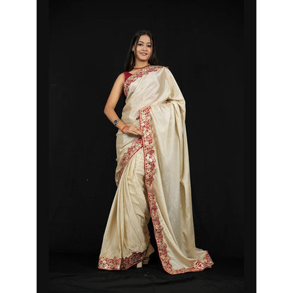 Isadora Life Beige Embroidered Pre-Draped Saree with Unstitched Blouse