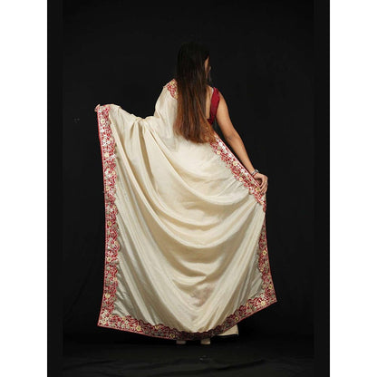 Isadora Life Beige Embroidered Pre-Draped Saree with Unstitched Blouse