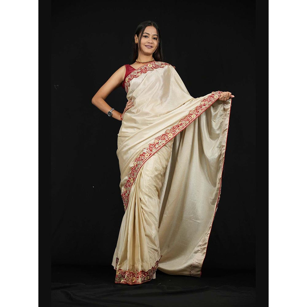 Isadora Life Beige Embroidered Pre-Draped Saree with Unstitched Blouse