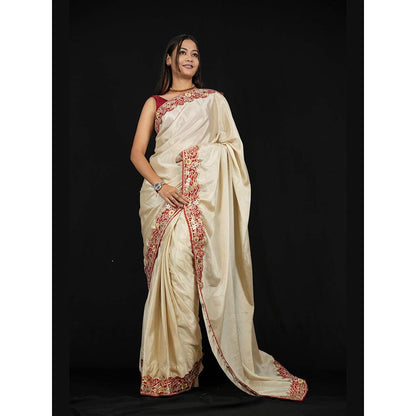 Isadora Life Beige Embroidered Pre-Draped Saree with Unstitched Blouse