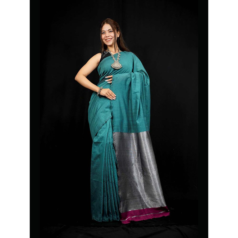 Isadora Life Teal Colorblock Pre-Draped Saree with Unstitched Blouse