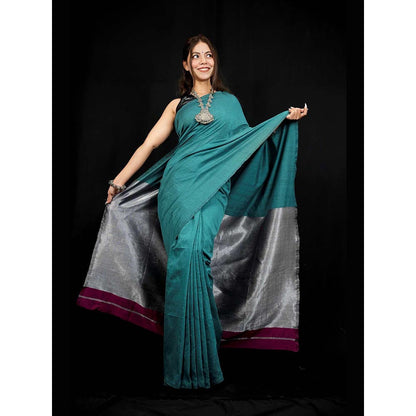 Isadora Life Teal Colorblock Pre-Draped Saree with Unstitched Blouse