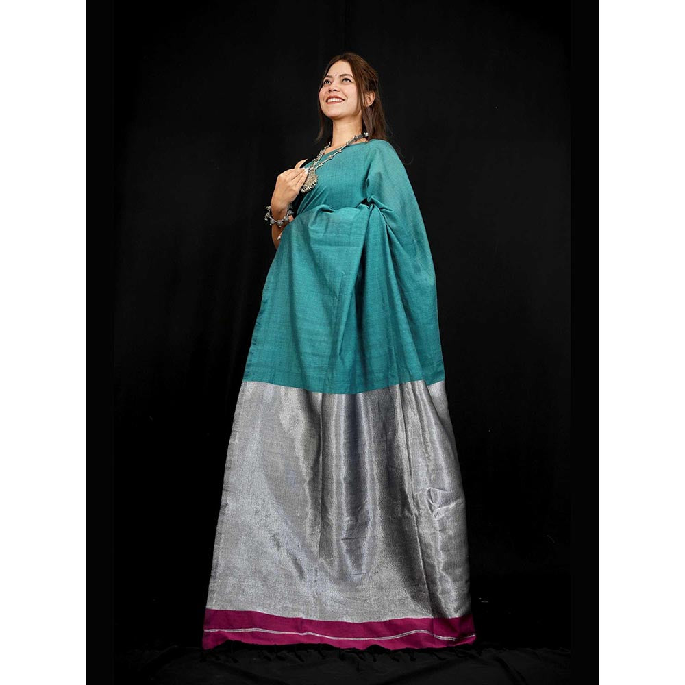 Isadora Life Teal Colorblock Pre-Draped Saree with Unstitched Blouse