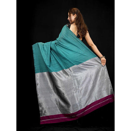 Isadora Life Teal Colorblock Pre-Draped Saree with Unstitched Blouse
