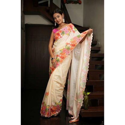 Isadora Life Beige Floral Pre-Draped Saree with Unstitched Blouse