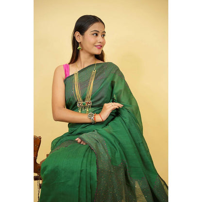 Isadora Life Green Floral Pre-Draped Saree with Unstitched Blouse