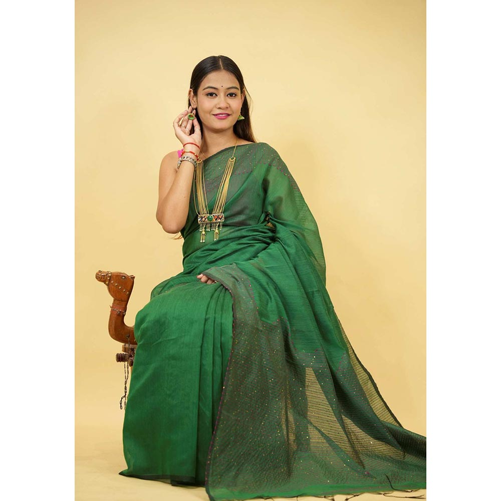 Isadora Life Green Floral Pre-Draped Saree with Unstitched Blouse