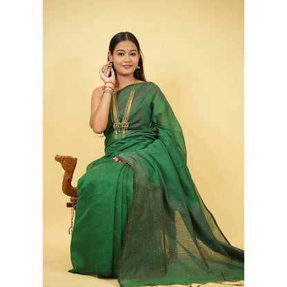 Isadora Life Green Floral Pre-Draped Saree with Unstitched Blouse