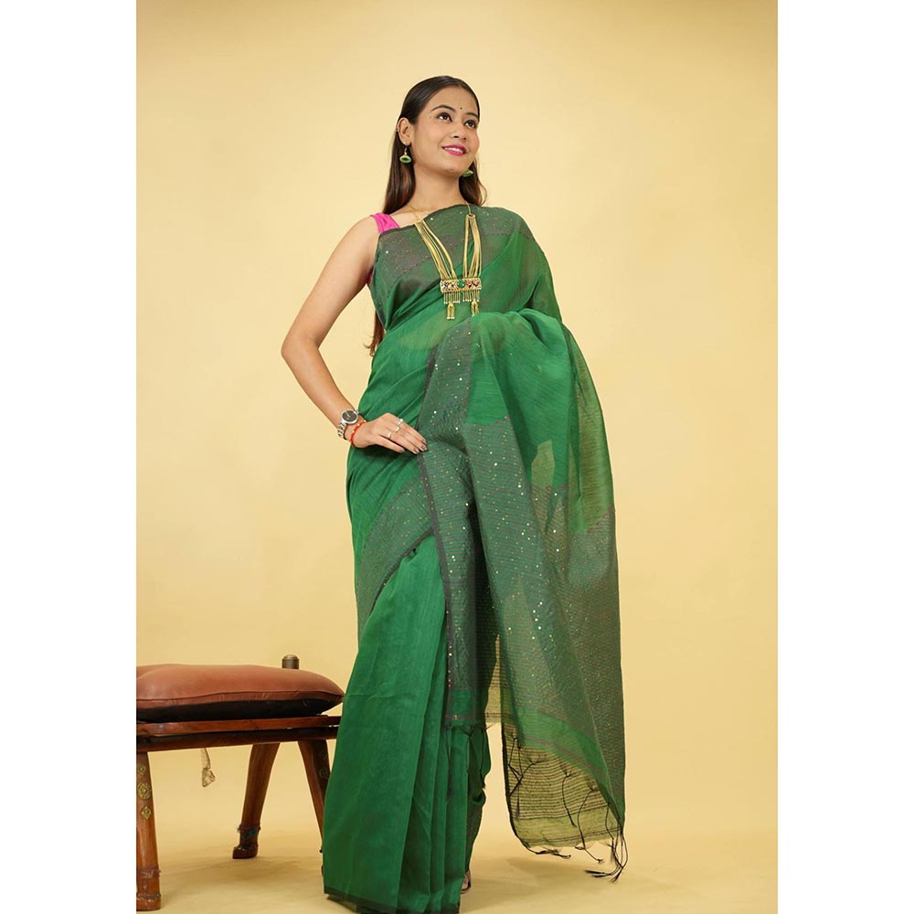 Isadora Life Green Floral Pre-Draped Saree with Unstitched Blouse