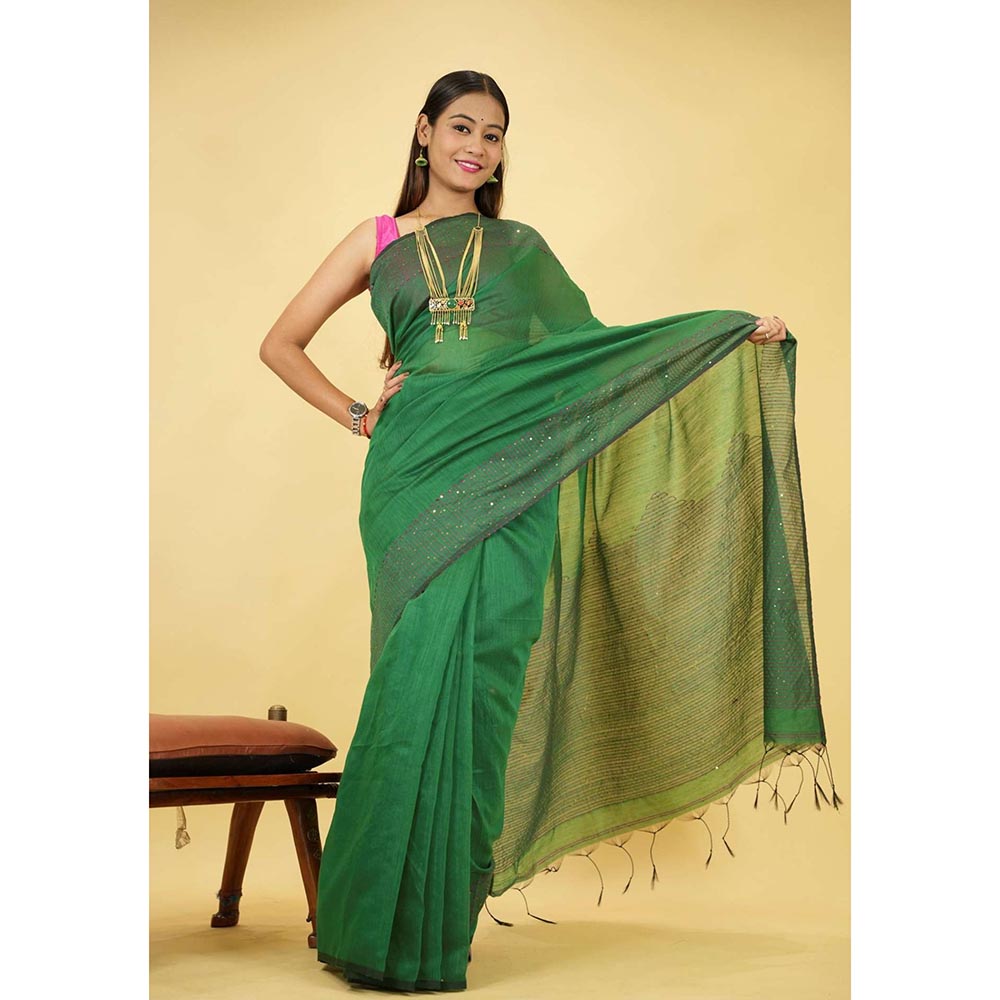 Isadora Life Green Floral Pre-Draped Saree with Unstitched Blouse