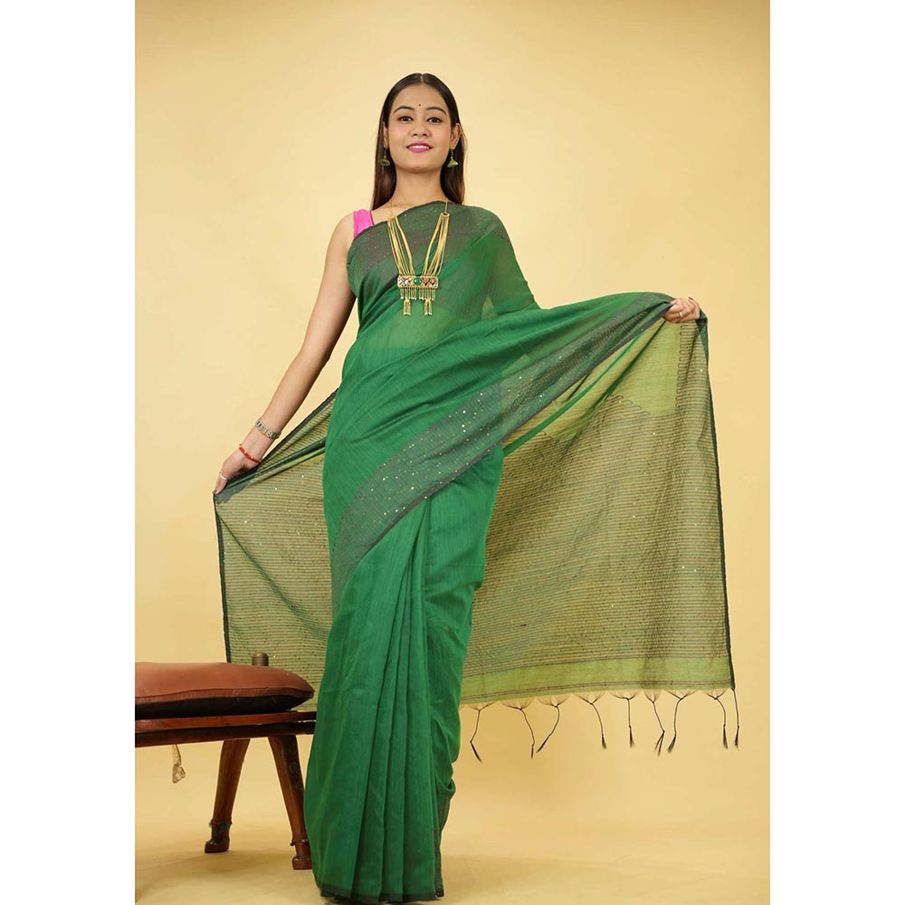Isadora Life Green Floral Pre-Draped Saree with Unstitched Blouse