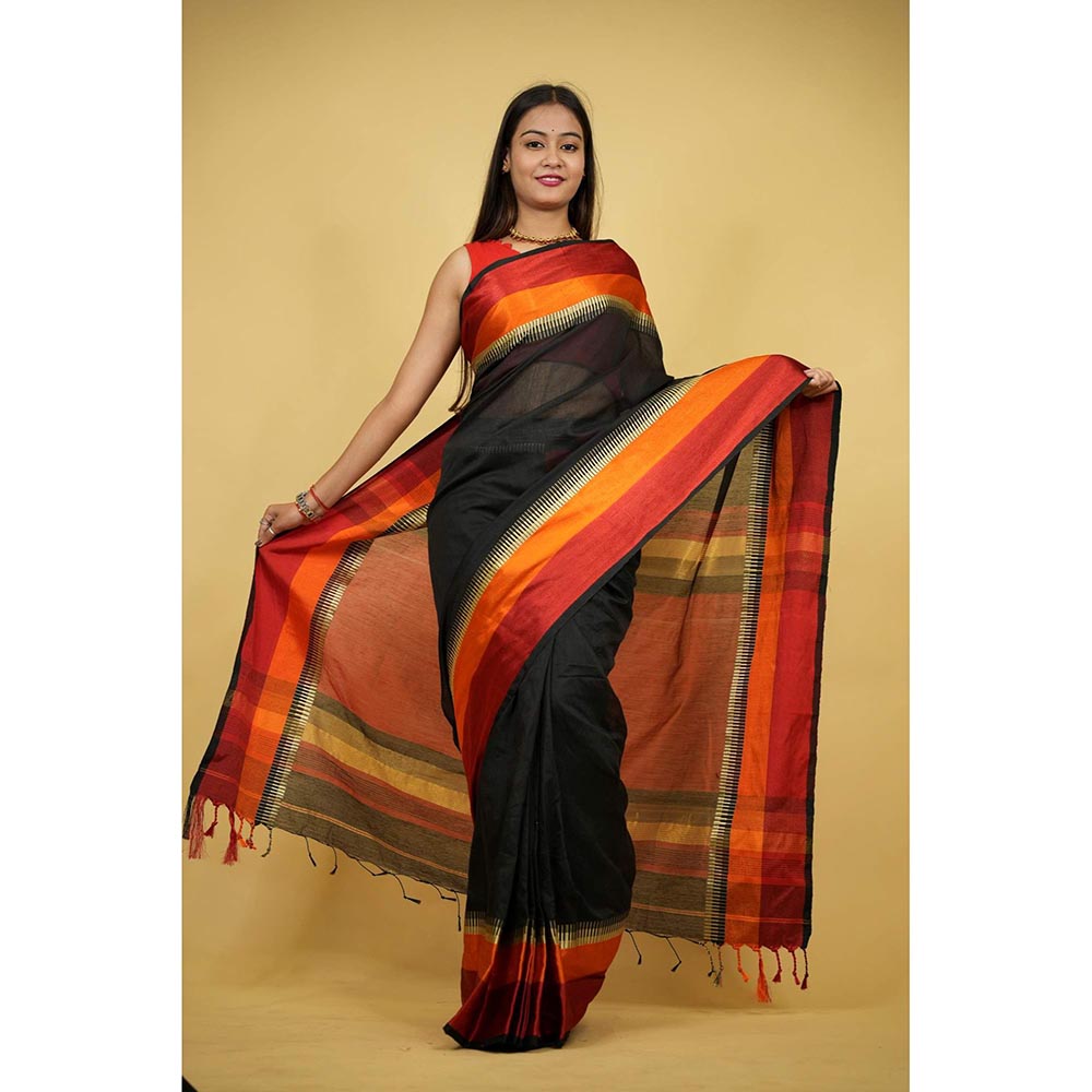 Isadora Life Black Stripes Pre-Draped Saree with Unstitched Blouse