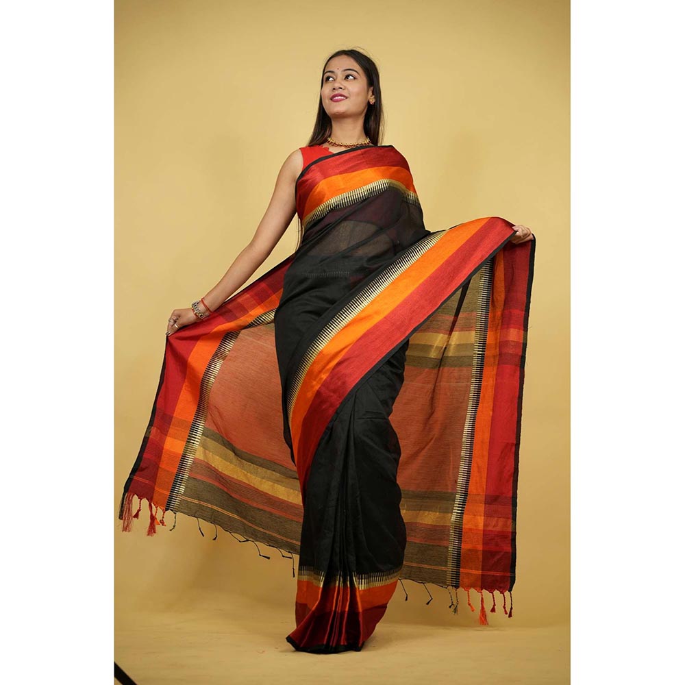 Isadora Life Black Stripes Pre-Draped Saree with Unstitched Blouse