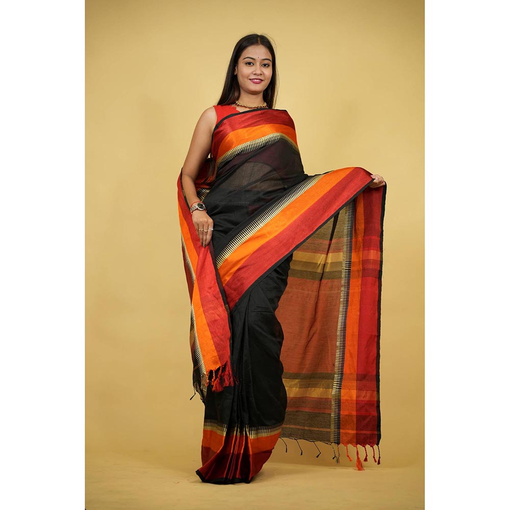Isadora Life Black Stripes Pre-Draped Saree with Unstitched Blouse