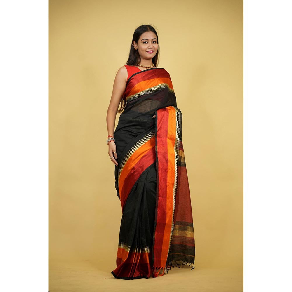 Isadora Life Black Stripes Pre-Draped Saree with Unstitched Blouse