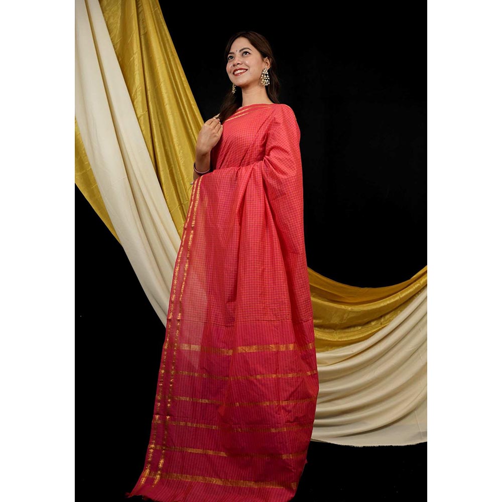 Isadora Life Red Checks Pre-Draped Saree with Unstitched Blouse