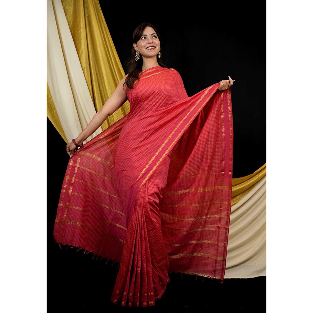 Isadora Life Red Checks Pre-Draped Saree with Unstitched Blouse