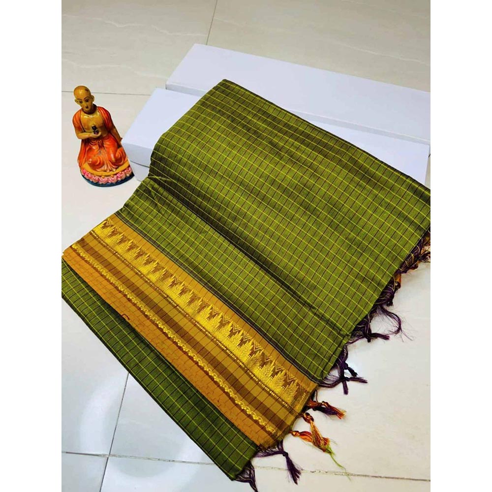 Isadora Life Green Checks Pre-Draped Saree with Unstitched Blouse